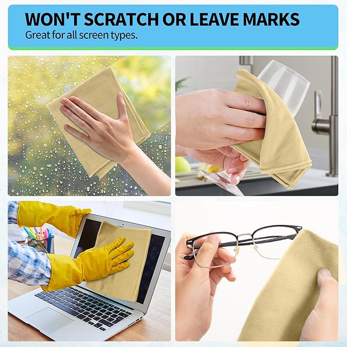 HOMERHYME Microfiber Cleaning Cloth, 12 Pack Window Glasses Cleaning Cloth, Reusable Lint-Free Streak Free Polishing Cloth Wipes for Stainless Steel, Eyeglass, Mirror, Screen & Lense,12"*12" Beige
