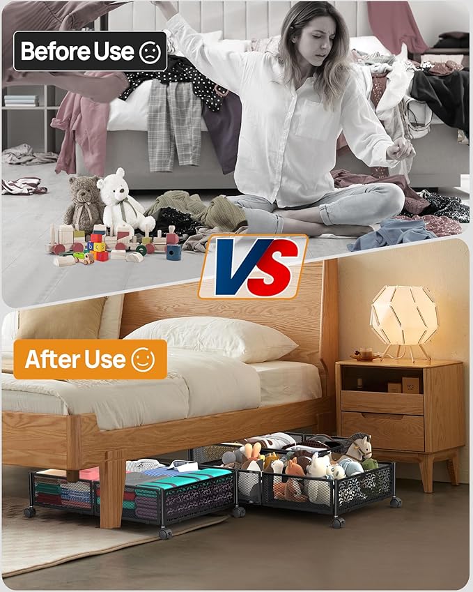 Under Bed Storage With Wheels, 2 Pack Foldable Pattern Carved Metal Under Bed Storage Containers, 60L Rolling Underbed Storage, Easy Assembly Under The Bed Storage for Shoes, Clothes, Blankets...