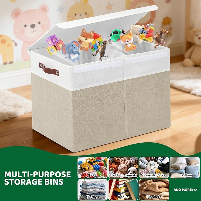Large Toy Storage Box With Lid, Foldable Toy Storage Box with Handle and Dividers,Toy Storage Chest Suitable for living rooms, studies and bedrooms（24"X13"X16",White & Beige）