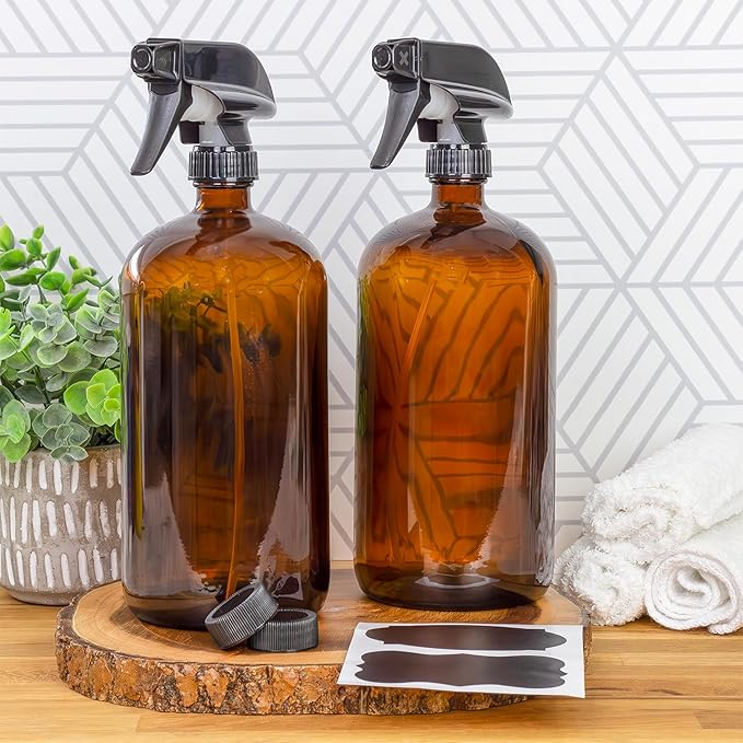 Cornucopia Brands 32oz Amber Glass Spray Bottles (Pack of 2) Brown Bottles w/ 3-Setting Trigger Sprayers; Includes Caps for Storage