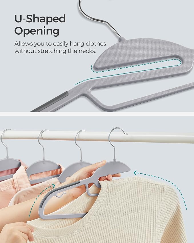 SONGMICS 50 Pack Coat Hangers, Heavy-Duty Plastic Suit Hangers, S-Shaped Opening, Space-Saving, 360º Swivel Hook, 16.3 Inches Wide, Light Gray and Dark Gray UCRP41G-50