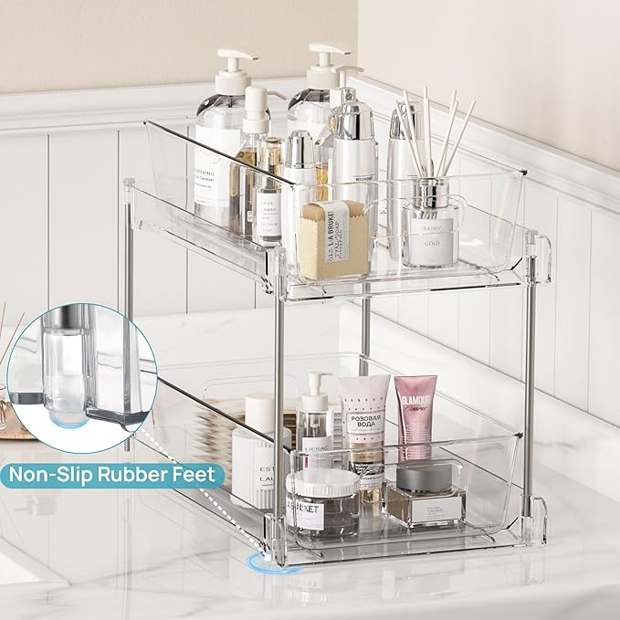 Vtopmart 6 Pack Bathroom Organizer, 2 Tier Clear Under Sink Organizers Vanity Countertop Storage Container,Cabinet Drawers Bins, Pull-Out Organization with Track for Pantry, Kitchen
