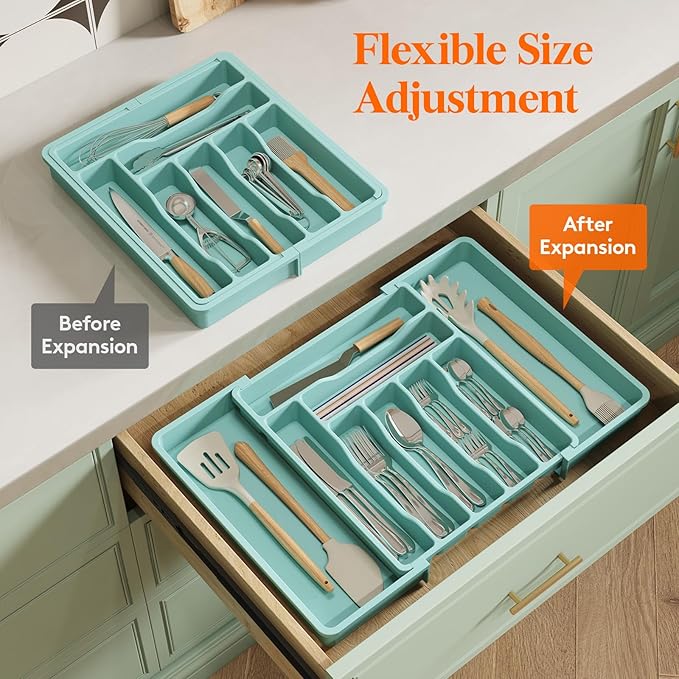 Lifewit Utensil Organizer for Kitchen Drawer, Expandable Cooking Silverware Tray, Adjustable Cutlery Flatware Holder, Plastic Spatula Tools Storage Divider, 13-22.4 x 15", Turquoise