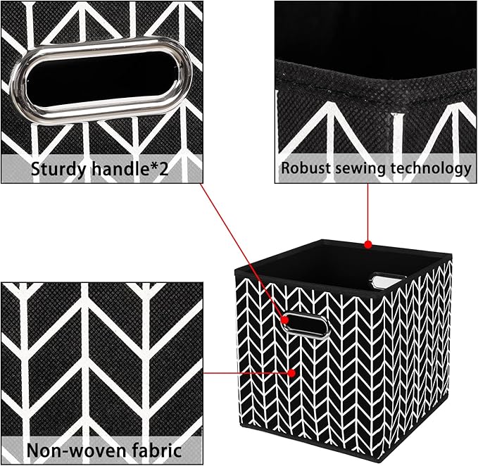 Fabric storage bins Cubes, Fabric Cube Organizer with Handle, Foldable Cube Bins for Cloth or Accessary Storage, 11x11x11, Set of 6, (Black Leaf)