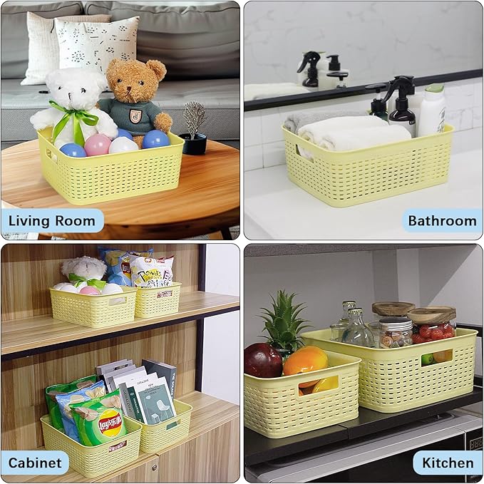Plastic Storage Baskets for Cabinets, Household Pantry Organization with Handle,Organizer Bins for Room,Bathrooms,Under-Sink,Kitchen (Yellow, M-3PACK)