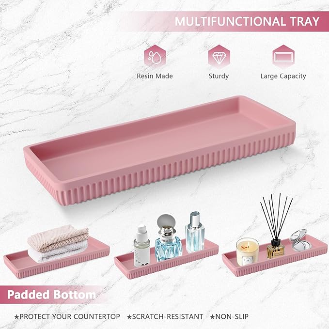 Resin Pink Bathroom Accessories Set 5 Pcs, Lotion Soap Dispenser, Toothbrush Holder, Bathroom Tumbler, Qtip Holder and Vanity Tray, Bathroom Countertop Organizer Set for Modern Home Apartment