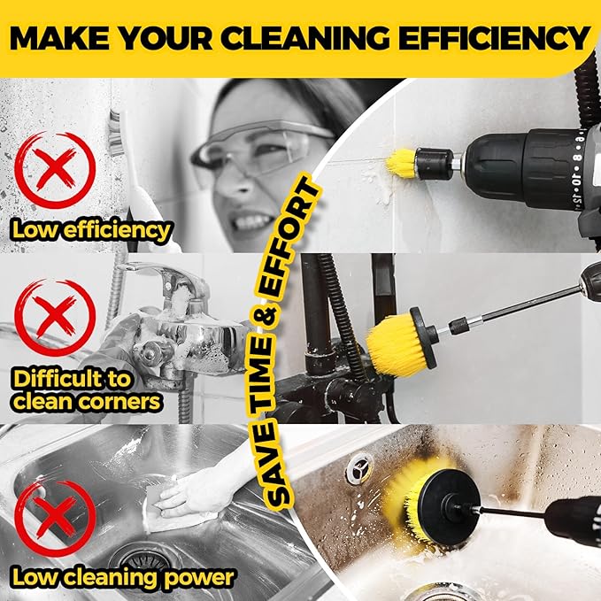 Holikme 4 Pack Drill Brush Attachments Set, Power Scrubber with Extend Long Attachment，Cleaning Supplies for Bathtub, Shower, Grout, Tile(Yellow)
