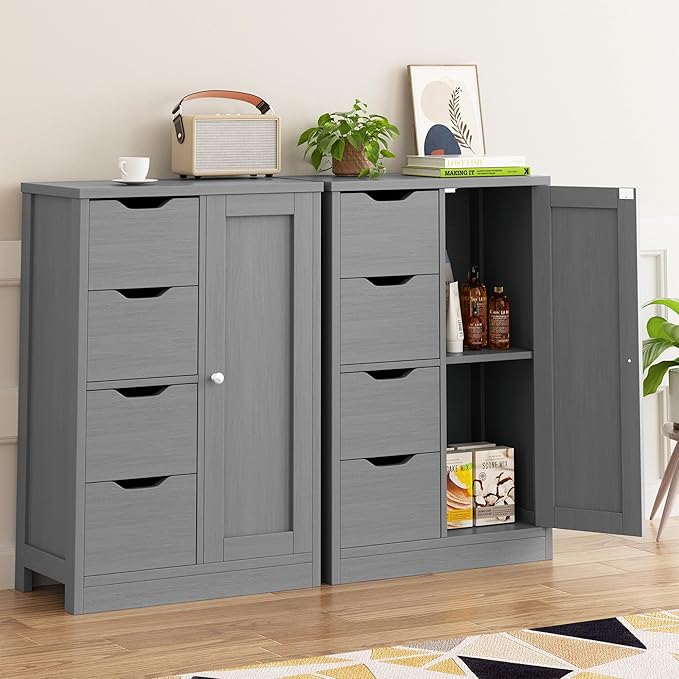Walsunny Bathroom Floor Storage Cabinet, Wooden Storage Organizer with 4 Drawers and 1 Cupboard, Freestanding Entryway Storage Unit Console Table(Gray)