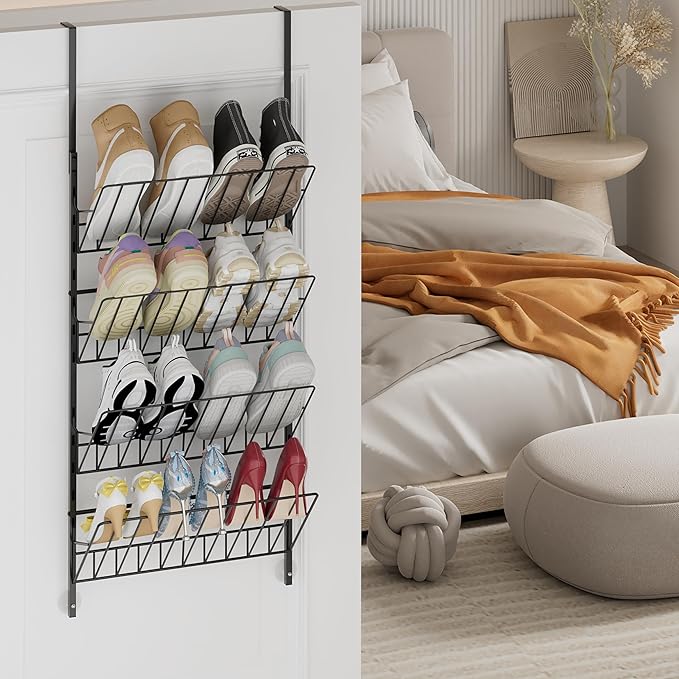 SWTYMIKI Over The Door Shoe Organizer - Adjustable 4 Tier Hanging Shoe Rack Organizer, Metal Heavy Duty Behind Door Storage or Wall Mount Shoes Shelf for Flats, Heels, Sneakers, Boots