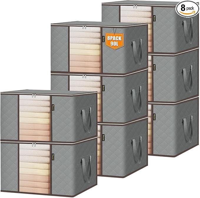 BALEINE 8 Pack Clothes Storage Bags, 24 Gallon Storage Containers with Reinforced Handle Sturdy Zipper, Closet Storage for Blanket Comforter Pillow Bedding (Grey, 8 Pack)
