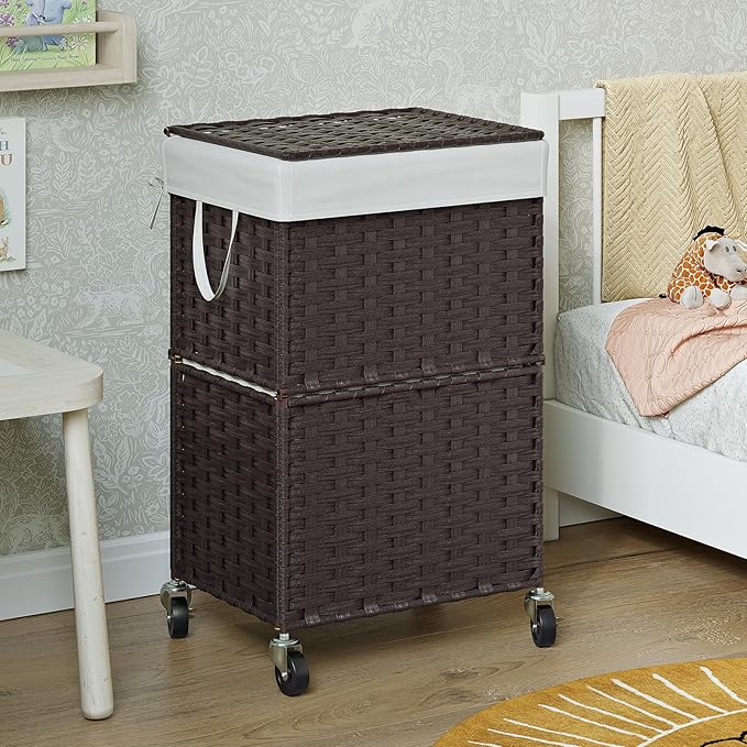 Chrislley 90L Slim Laundry Hamper with Wheels, Rolling Laundry Basket with Lid and Renovable Liner Bag, Handwoven Rattan Organizer for bedroom, bathroom, laundry room (Brown)