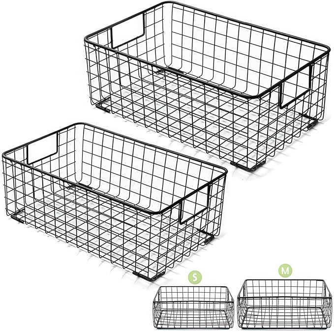 Kingrol 2 Pack Wire Storage Baskets with Handles, Metal Organizer Basket Bins for Home, Office, Nursery, Laundry Shelves Organizer