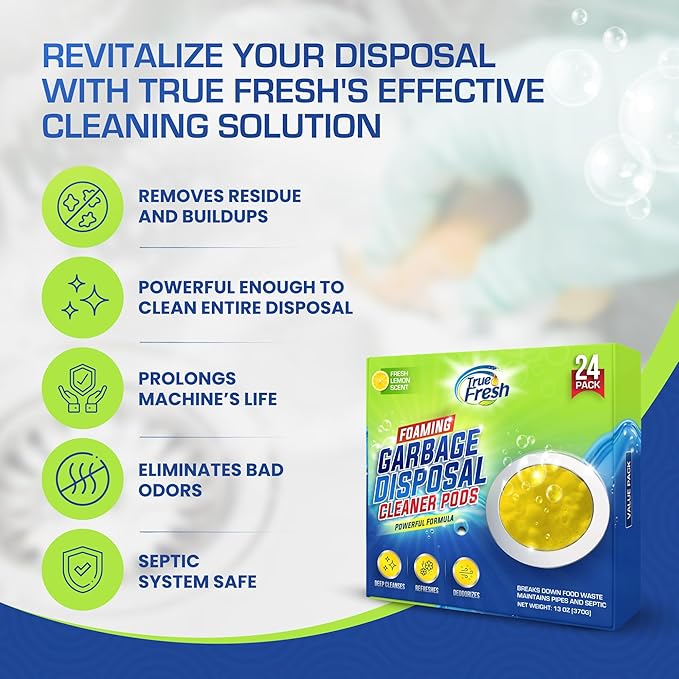 True Fresh Garbage Disposal Cleaner Powder Packets, Large 15g Drop-In Sink Packets, Deep Foaming Sink & Drain Cleaner for Grease & Residue, Disposal Cleaner and Deodorizer, Fresh Citrus Scent, 24 Pack