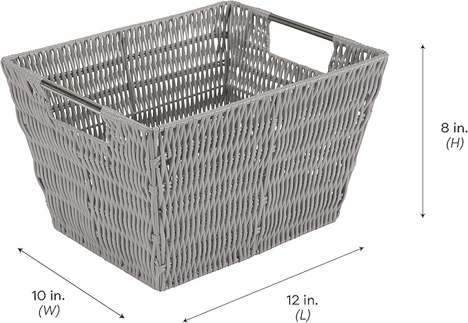 Simplify 12"x10"x8" Medium Woven Basket for Storage with Handles, Nursery, Playroom, Toys, Bedroom, Closet, Clothes, Office, Decorative Organizer Rattan Totes, Grey