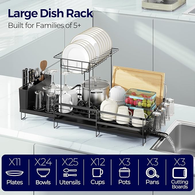 2 Tier Large Dish Drying Rack, Expandable Dish Rack for Kitchen Counter, Dish Drainer with Drainboard Set, Multifunctional Dishrack with Utensil Holder & Cup Holder, 13.4"-28.7" L x 11.8" W