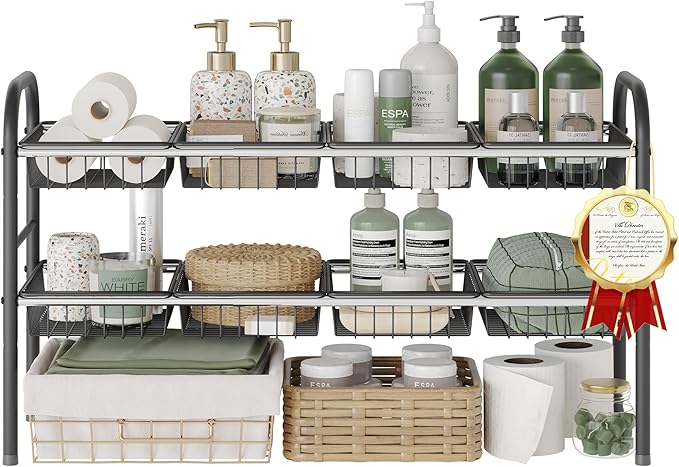 NETEL Under Sink Organizers and Storage, 2 Tier Expandable Under Cabinet Organizer Shelf with 8 Baskets, Expandable Shelf for Cupboard, Kitchen, Bathroom, Shoe Storage Rack