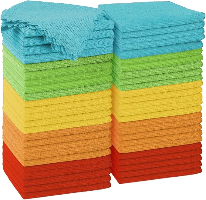 Microfiber Cleaning Cloth, 50 Pack Cleaning Rags with 5 Color Assorted, Absorbent and Lint Free Cleaning Cloth for Window, Household and Kitchen, 11"X11.5", (Blue/Yellow/Green/Orange/Red)