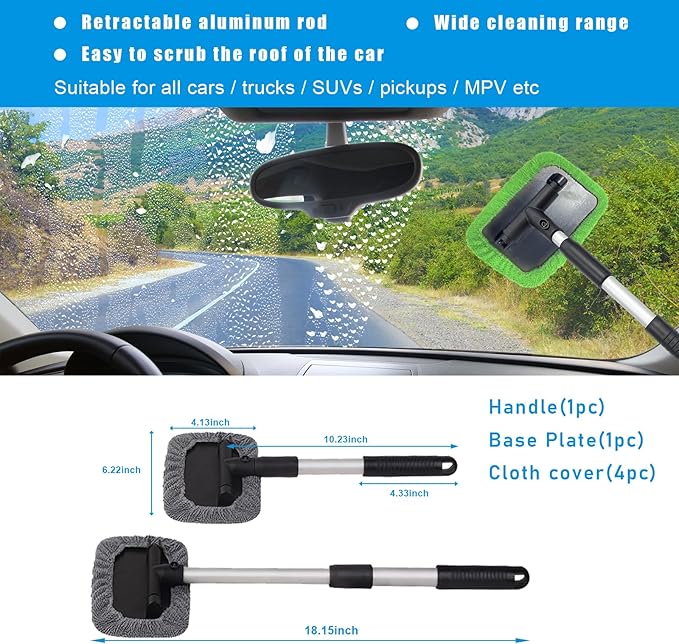 Ziciner Car Windshield Cleaner, Microfiber Auto Cleaning Wiper with Aluminum Extendable Handle and 2 Washable Reusable Cloth Pad Head, Universal Vehicle Interior Exterior Cleaner Kit (Green-Rectangle)