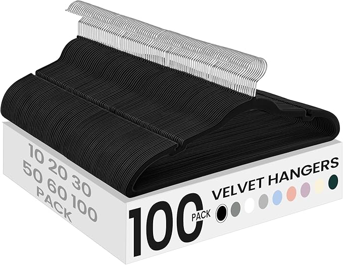 SONGMICS Velvet Hangers 100 Pack, Non-Slip Clothes Hangers with Shoulder Notches, Pants Bar, 360° Swivel Hook, Space-Saving, for Closet, Ink Black UCRF029B010