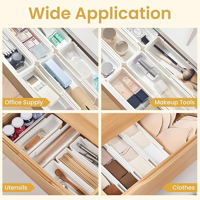 Drawer Organizers Set,Expandable Drawer Organizer Trays,Drawer Organizer Bins for Bedroom,Bathroom, Kitchen, Office (White,4pack)
