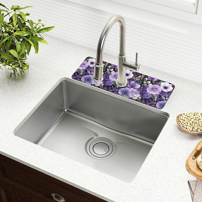 Purple Black Lotus Flower Kitchen Sink Splash Guard Sink Faucet Mat Faucet Handle Drip Catcher Drain Mats for Kitchen Bathroom Countertop Absorbent Dish Drying Pad 2Pack 14.7x5.4IN