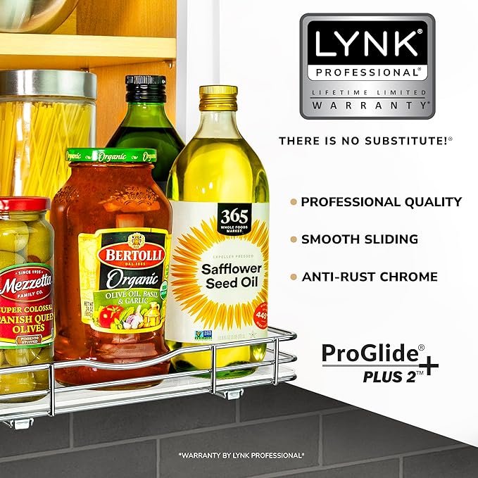 LYNK PROFESSIONAL® Pull Out Spice Rack Organizer for Inside Kitchen Cabinets - 12-3/8 inch Wide - Slide Out Drawer – Chrome Sliding Spice Organization for cabinet - Spice Racks - 1 Tier