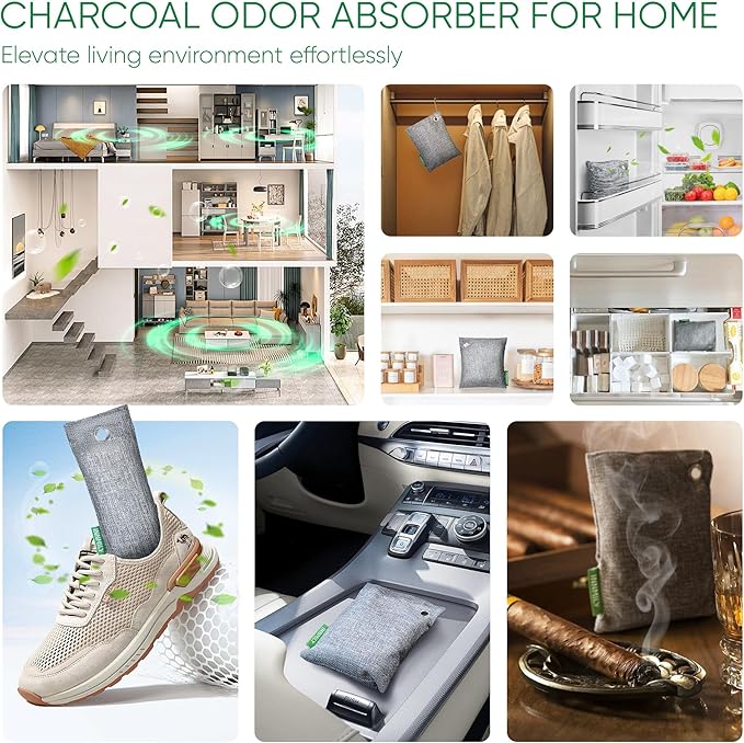 Activated Charcoal Odor Absorber, 8 Pack w Hooks Nature Odor Eliminator for Strong Odor, Bamboo Charcoal Air Purifying Bags, Moisture Absorbers for Fresh Home Car Closet Pet, Smoke Smell Deodorizer