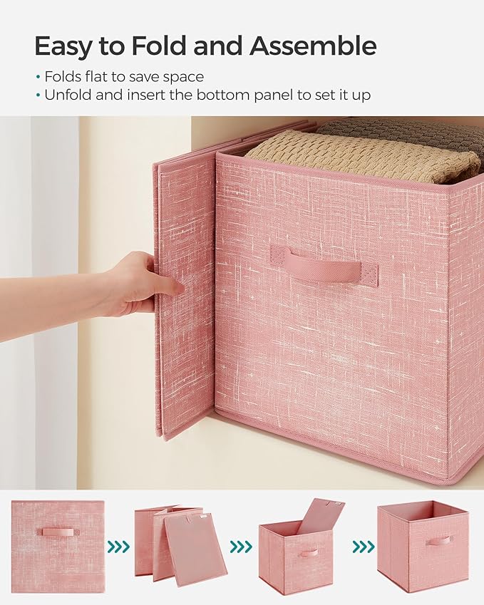 SONGMICS Storage Cubes, 13-Inch Non-Woven Fabric Bins with Double Handles, Set of 6, Closet Organizers for Shelves, Foldable, for Clothes, Jelly Pink UROB033R01