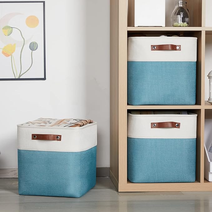 HNZIGE Cube Storage Basket(4 Pack) Collapsible Baskets for Shelves,Dog Toys,Book,12x12 Fabric Storage Cube Bins Set for Room,Office,Closet(White&Teal)