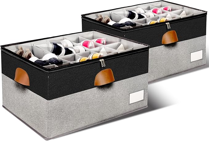 2 Pack Shoe Organizer for Closet, Adjustable Shoe Box Storage Containers, Large Foldable Shoe Bins with Clear Cover, Space Saving Shoes Holder with 4 Handles, Fits 24-48 Pairs, Black