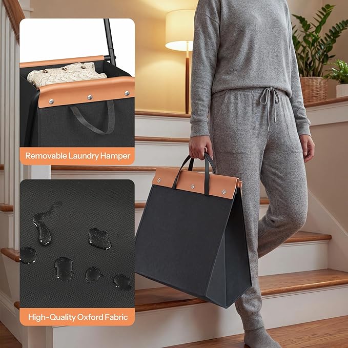 HOOBRO Folding Laundry Cart with Wheels, 17.8 Gal. (67.5 L) Rolling Laundry Hamper, 2 Section Clothes Basket with Metal Frame & Canvas Liner for Small Narrow Space, Black and Brown BB23XY01