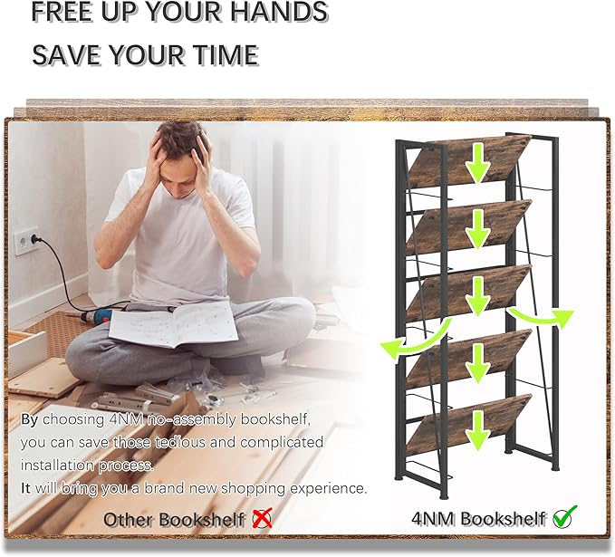 4NM No Assembly Folding Bookshelf, 5-Shelf 62.2" H Collapsible Foldable Bookcase Storage for Small Spaces, Rustic Brown and Black | 4NM, No-Assembly, Folding, Bookshelf, Storage Shelves, 5 Tiers