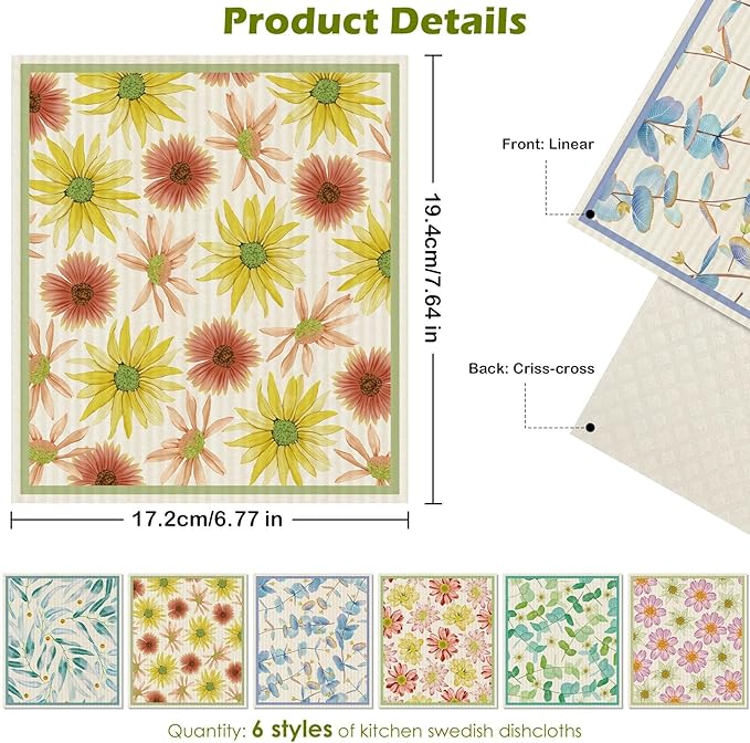 6 Packs Swedish Paper Cloths for Kitchen, Reusable Paper Towels Washable Dish Rags, Highly Absorbent Kitchen Towels Quick Drying Swedish Sponge Cleaning Dish Cloths(Daisy)