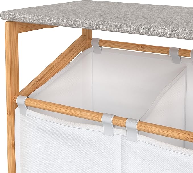 ClosetMaid Bamboo Laundry Hamper Cart with Ironing Board Folding Station, Dual Compartments with Divider, Portable Laundry Sorter, Natural Finish