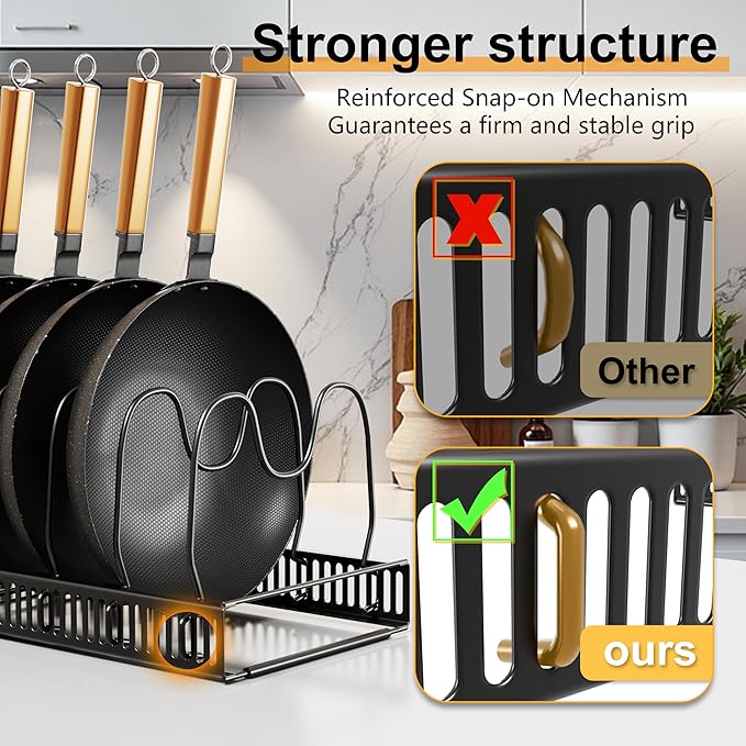 Pots and Pans Organizer Rack for Under Cabinet Expandable Pot Lid holders inside Organizer 10 Adjustable Divider Pan organizer 11.81''-22.85'' Pan lid organizer for cabinet Organizer for Bakeware