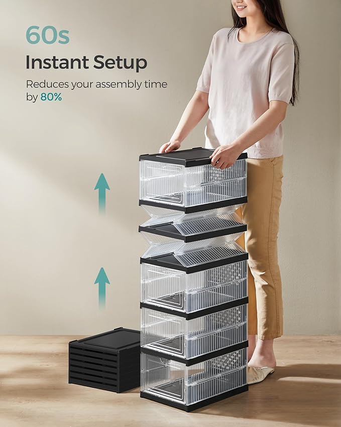 SONGMICS Foldable Shoe Boxes, Pack of 12 Stackable Shoe Storage Organizer, Set of 2 Integraed Shoe Cabinets, Portable, Fit up to US Size 13, 60s Assembly, Transparent and Ink Black ULSP206B01