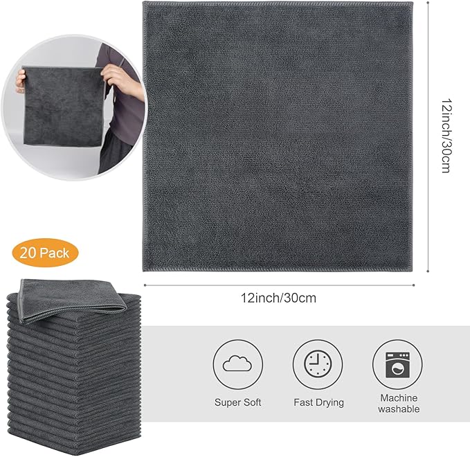 SINLAND Microfiber Rag Absorbent Cleaning Cloth Kitchen Dish Cloth Quick Dry Streak Free Dish Rags Glass Cloths 12inchx12inch 20 Pack Grey