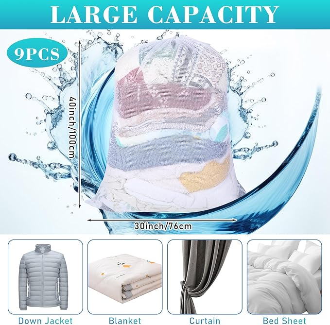 Windyun Mesh Laundry Bag, 9 Pcs 30" x 40" Heavy Duty Large Mesh Laundry Bags Drawstring Lockable Laundry Hamper Liner Machine Washable Bag for Travel Dorm Home College Storage Apartment(White)