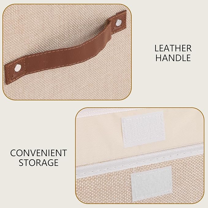 Yawinhe Collapsible Storage Boxes, Linen Fabric Baskets, Bin with lid and Leather Handle, Washable, for Home, Closet, Beige, 15.0''Lx9.8''Wx9.8''H, 1-Pack, USNK024BEL-1