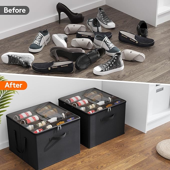 Lifewit Shoe Storage Organizer for Closet, Fabric Large Shoe Box Storage Containers with Clear Cover, Foldable Bins for Boots Heels Sneakers Fits 36-48 Pairs (Each 12-16 Pairs) 3 Pack Black