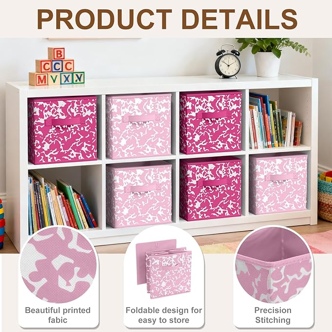 LemonRoad 6 Fabric Storage Cubes 11 Inch Foldable Marble Storage Bins for Organizing Pantry, Toy Box, Clothes Closet Collapsible Baskets for Shelves School Organizing with Handle(Pink, Classic Style)
