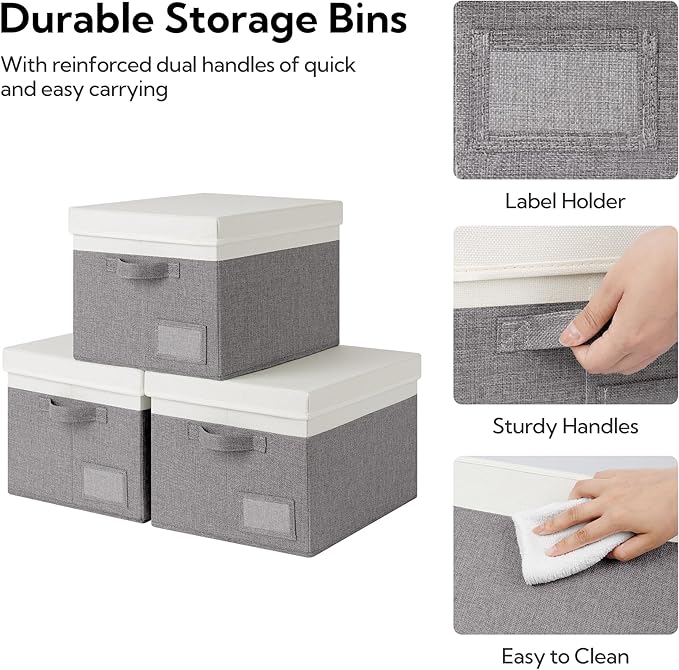 GRANNY SAYS Storage Bins with Lids, Linen Closet Storage Boxes, Collapsibe Storage Bins for Clothes, Storage Containers with Label Holder, 3-Pack, Gray&Ivory