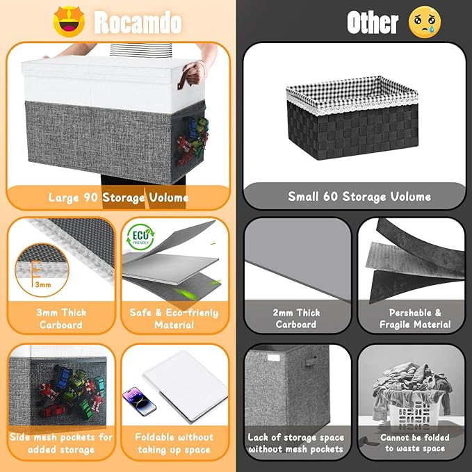 Large Toy Storage Box with Lid Divider, Sturdy Collapsible Toys Organizer Chest Kids Storage Bins Boxes Baskets for Boys, Girls, Nursery, Bedroom, Living Room, Playroom, 25"x13"x16", Gray and White