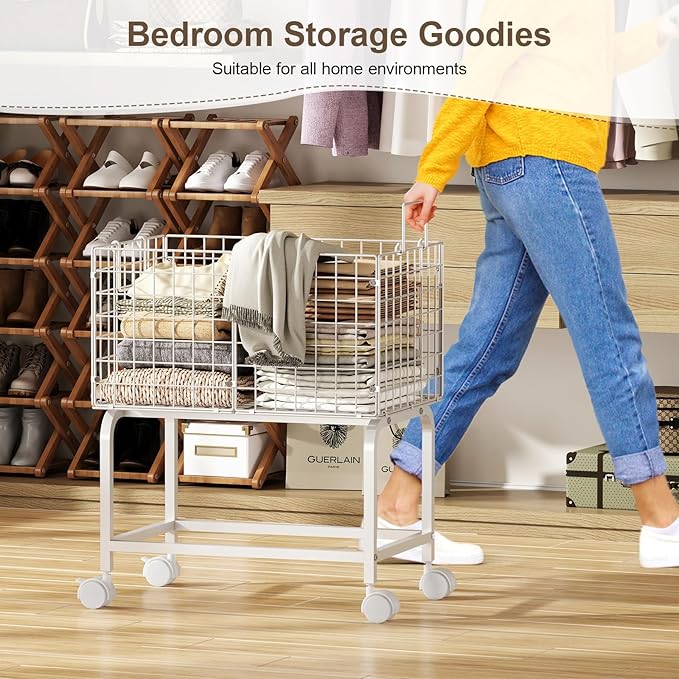 Wire Laundry Hamper Cart,80L Laundry Hamper Trolley with Pull Handle,White High Laundry Basket Cart for Laundry Room,Bathroom,Bedroom-White（23.6 * 15.75 * 28inch）