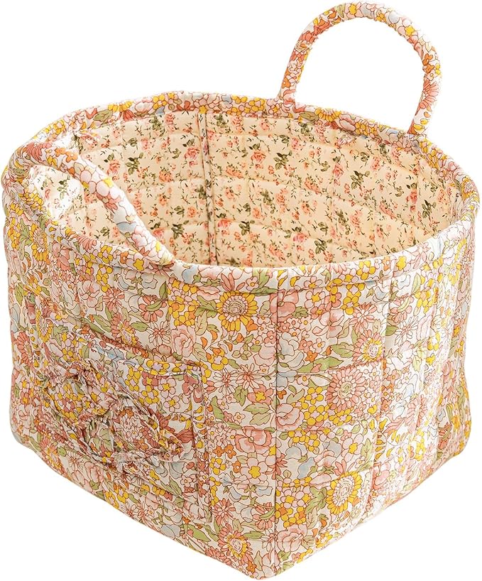 vctops Boho Cotton Quilted Storage Basket for Organizing, Basket Organizer Gift Baskets with Handles, Storage Bins for Toys, Books, Towels, and Clothes, Collapsible Fabric(Pattern F,13"x10.6"x10")