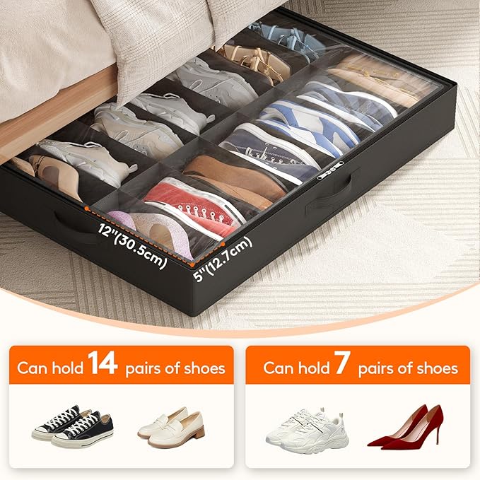 Lifewit Under Bed Shoe Storage Organizer 1 Pack(14 Pairs), 4.3" Tall Fabric Shoes Container Box, Foldable Closet Shoe Bag with 2 Reinforced Handles and Clear Cover, Black