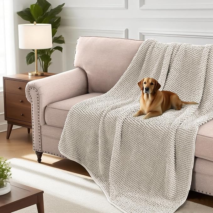H.VERSAILTEX Plush Chenille Couch Cover for Dogs Pets Blanket for Bed Anti-Slip Soft and Durable Furniture Protector for Small Medium Large Cats Washable (52" x 82", Oatmeal)