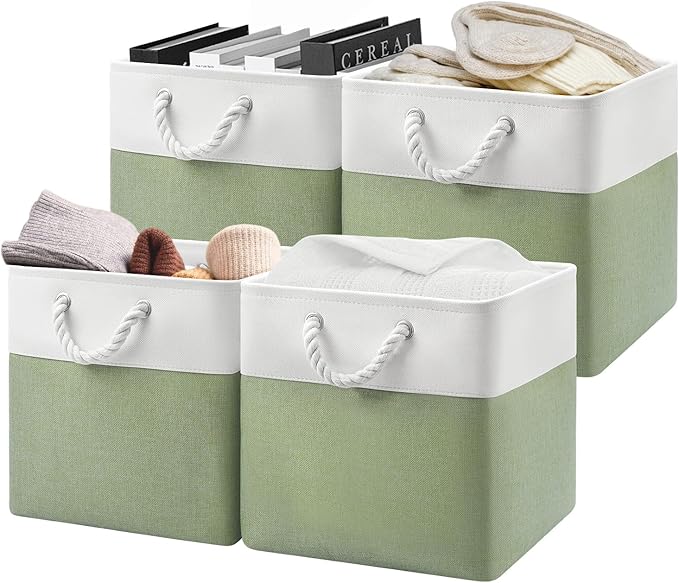 13x13x13 Cube Storage Bins,4 Pack Large Foldable Fabric Storage Cubes with Handles for Organizing Home, Closet, Shelf, Office(White&Green)