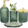 Bathroom Accessories Set, 4Pcs Sage Green Glass Bathroom Accessory Set Complete w/Lotion Soap Dispenser, Toothbrush Holder, Qtip Holder, Soap Dish, Gold Bathroom Decor Sets, Gift for Home Apartment
