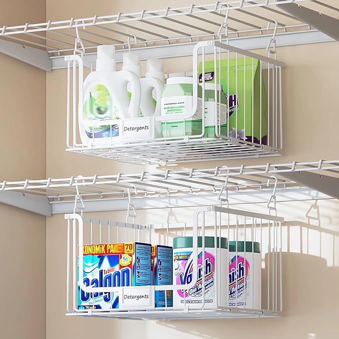 3-Pack Hanging Laundry Organizer, Stackable Wire Shelf Storage with Label Cards, Foldable Metal Baskets with 360°Rotating Hooks,Space-Saving for Laundry Room, Closet & Pantry ,11"×15" Large,White